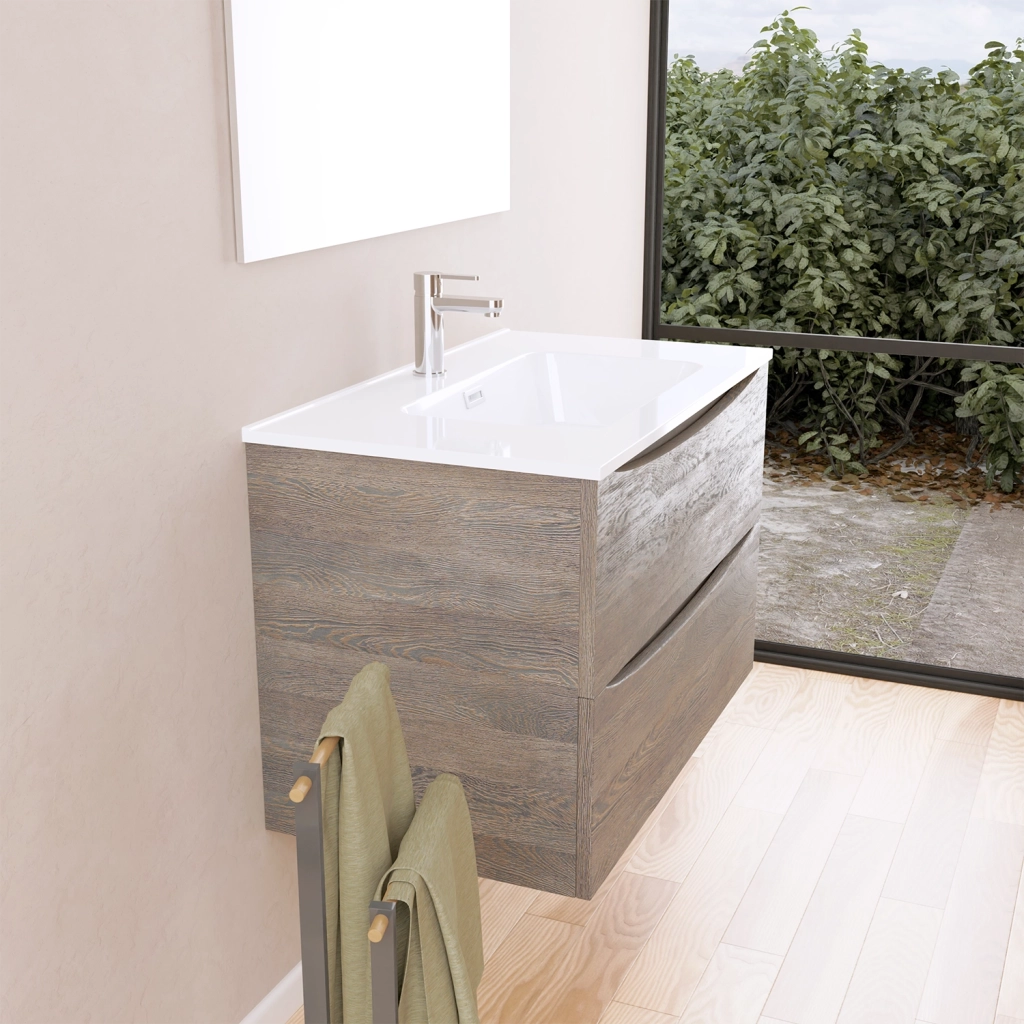 Mobile da bagno sospeso 80cm rovere scuro con lavabo e specchio | Aspen