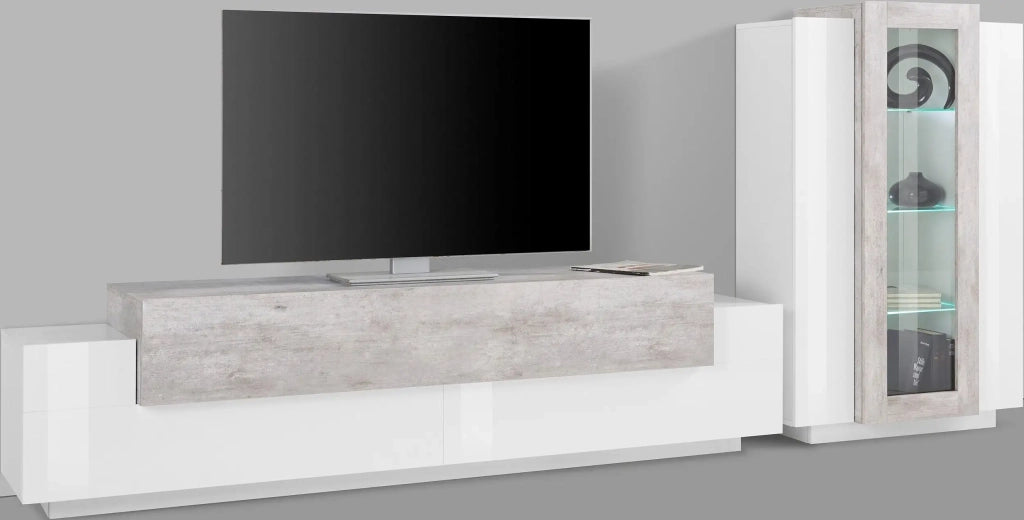 Parete attrezzata soggiorno bianco grigio mobile porta TV vetrina Corona