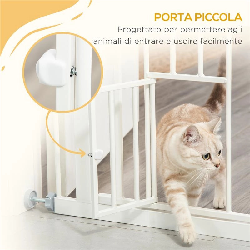 CANCELLETTO PER CANI CON PORTA PICCOLA, MONTAGGIO A PRESSIONE E CHIUSURA AUTOMATICA, 74-80X91.4CM, BIANCO