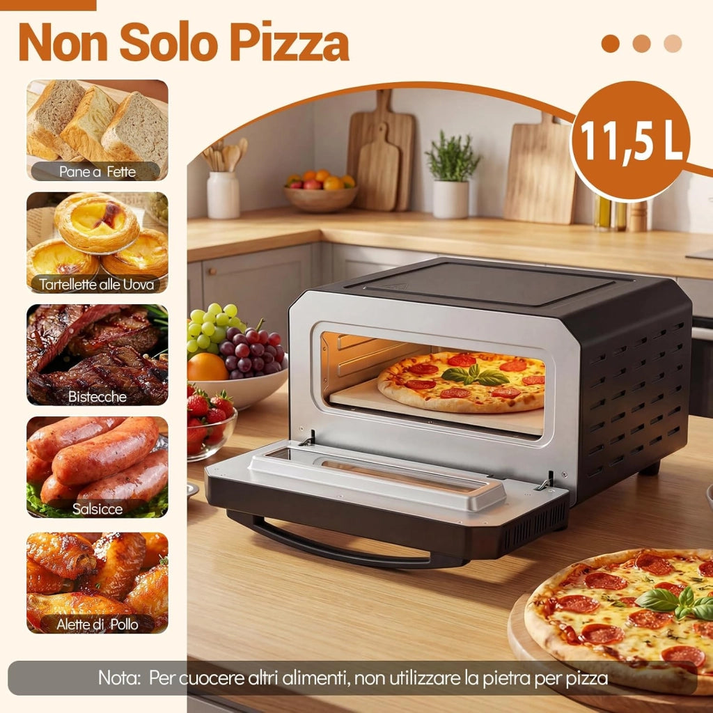 Forno Pizza Elettrico, 1700 W Macchina per Pizza Professionale con 6 Modalità Preimpostate Taglierina e Pietra Refrattaria, Raggiunge fino 400°C, 43x47x28 cm