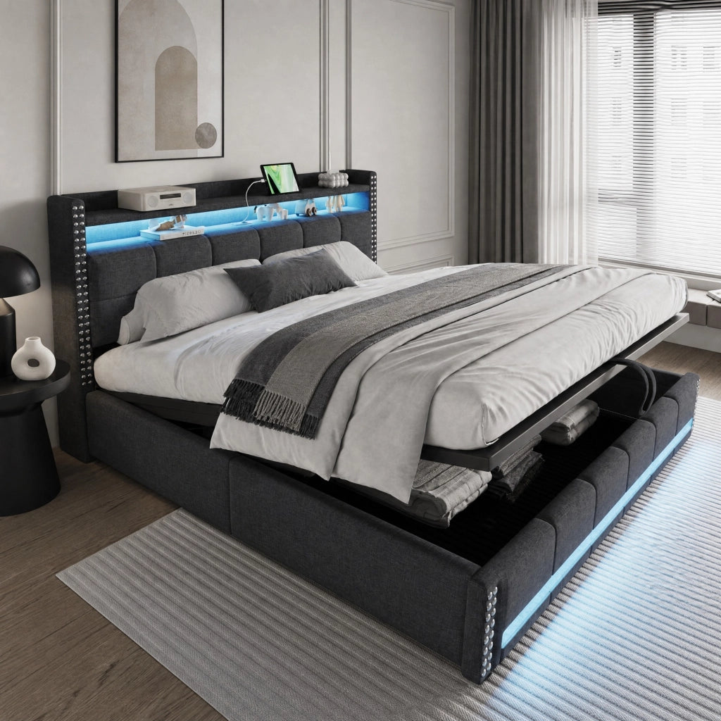 Letto matrimoniale imbottito 180x200 cm grigio in tessuto effetto lino con LED; USB e contenitore