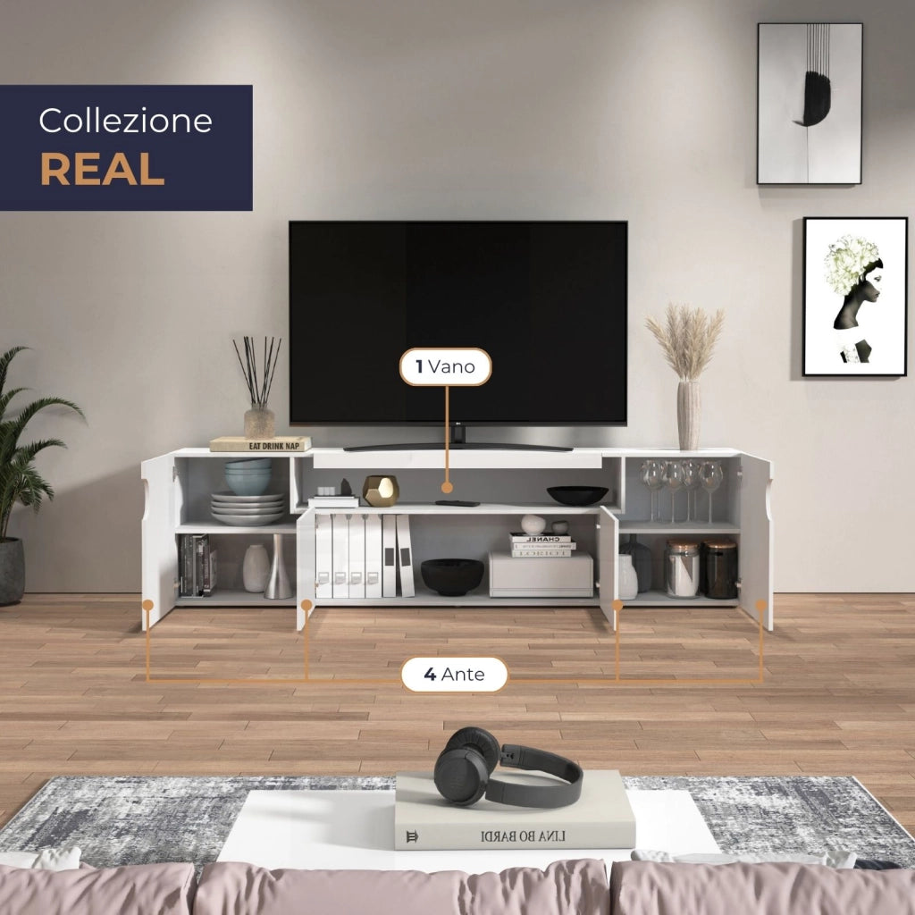 WHOUS Mobile porta TV Real con 4 ante e 1 vano aperto bianco lucido 200x40x60 cm