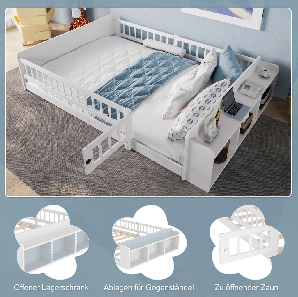 Letto per bambini 140x190 cm in pino e MDF bianco con ripiani
