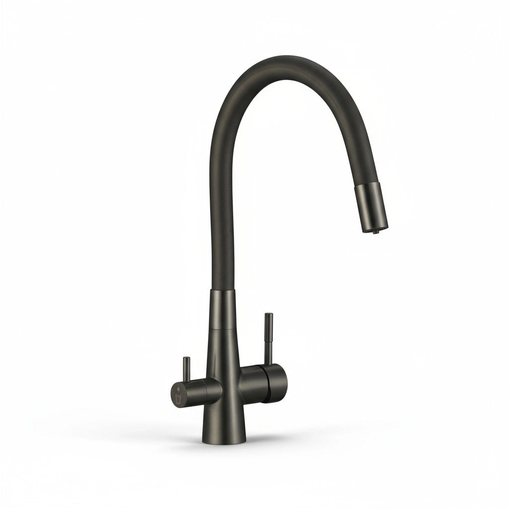 Rubinetto Cucina con Filtro Acqua | Antrarice Spazzolato, Doppia Leva, Canna Flessibile e Design Moderno
