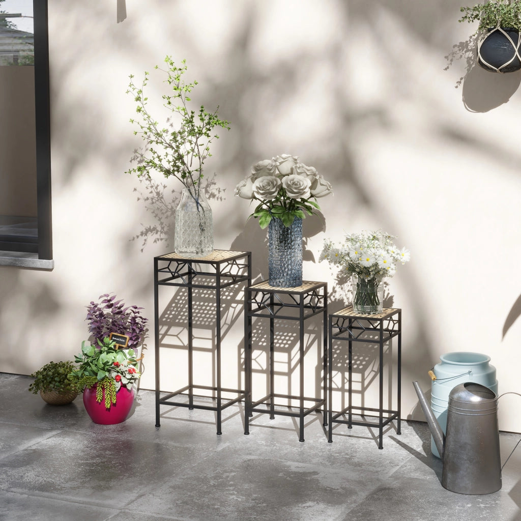 Fioriera in Polyrattan 3 Pezzi Pieghevole ¨C Zephmum ¨C Nero con Gambe in Oro