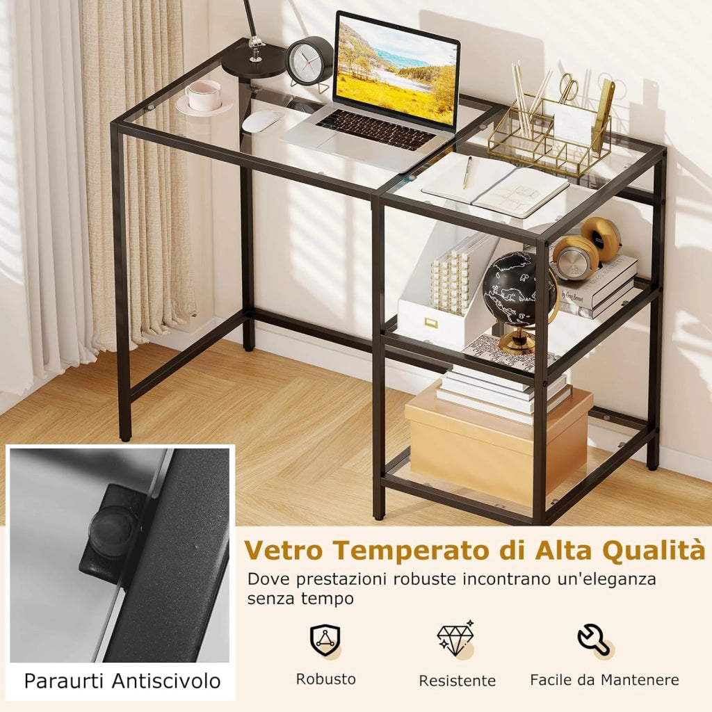 Scrivania con 2 Ripiani, Scrivania in Vetro Temperato e Acciaio, Scrittoio Salvaspazio e Moderno, Tavolo Versatile per Ingresso, Camera da Letto e Studio 106 x 51 x 77 cm (Nero)