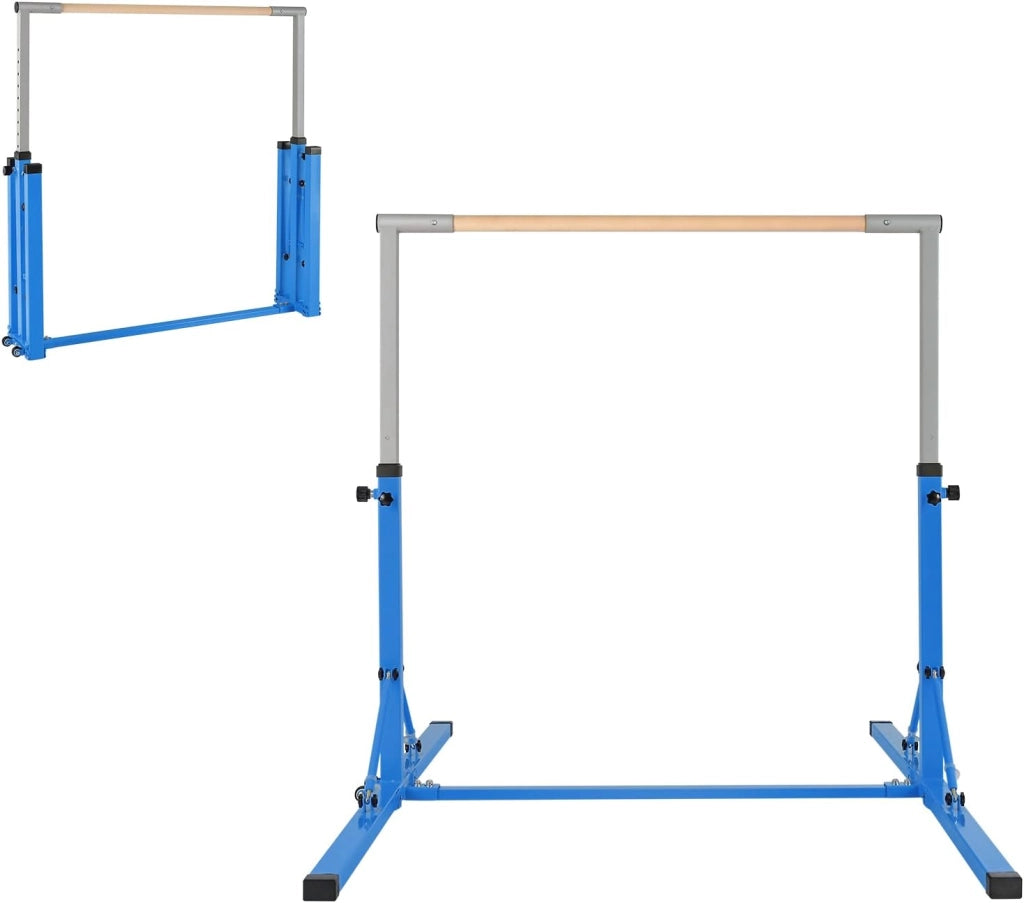 Barra per Ginnastica e Danza per Bambini e Bambine Pieghevole e Portatile, Sbarra Parallela in Metallo e Legno con 13 Altezze Regolabili, Ruote e Cuscinetti Antiscivolo, Portata 100 kg