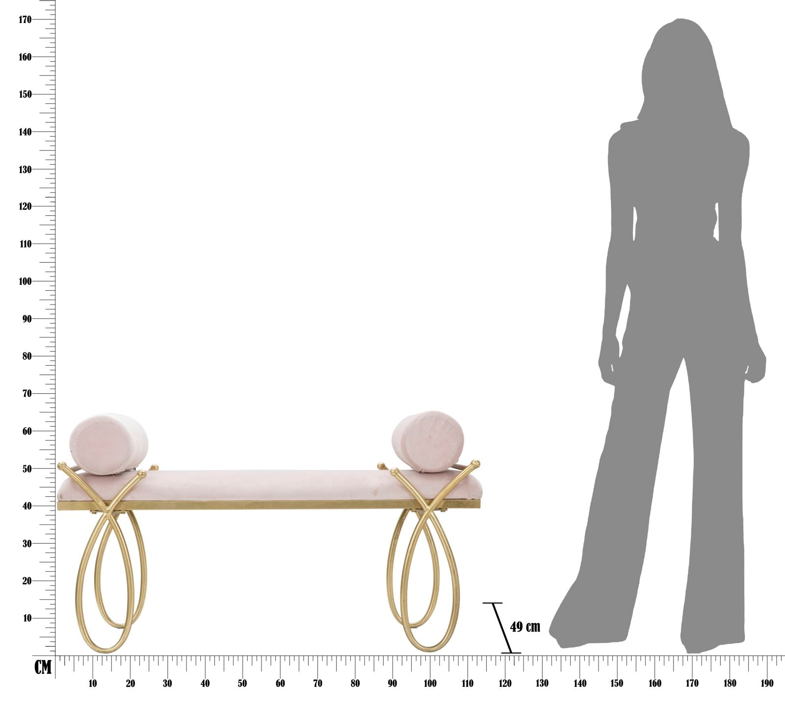 Panca Ribbon Rosa 112,5x49x53 cm in Ferro e MDF e Spugna e Poliestere Rosa e Oro