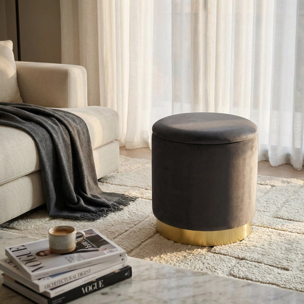 Pouf contenitore rotondo in velluto -  OCTAVIA