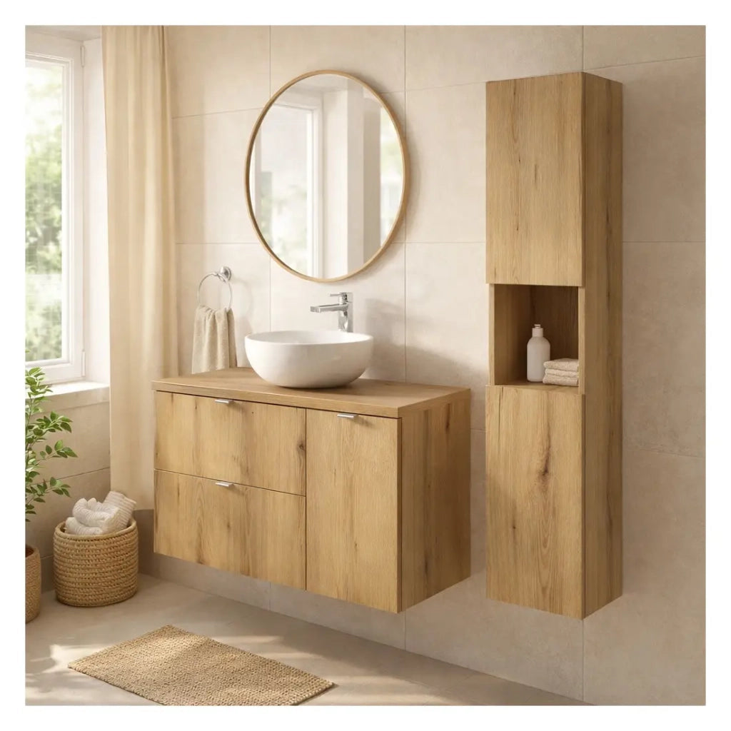 Set bagno VANO effetto rovere 120cm: mobile sottolavabo con cassetti e armadietti + piano per lavabo + colonna