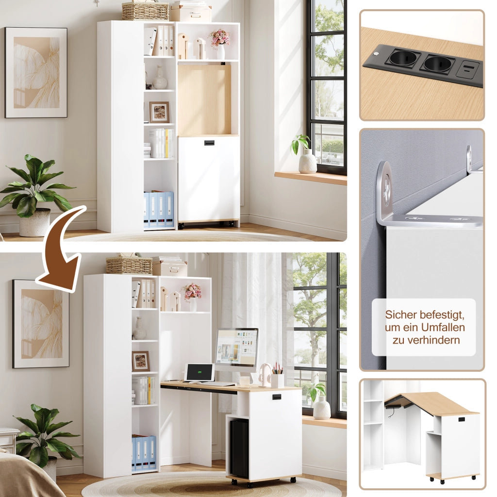 SCRIVANIA pieghevole 104,5x30,5x160 cm bianco MDF con libreria, presa EU e USB