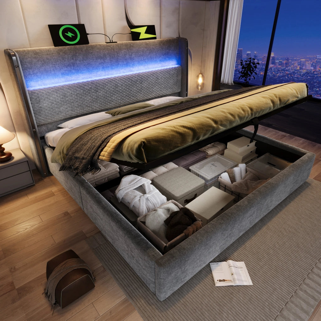 Letto matrimoniale 160x200 cm con testiera alta; LED; contenitore e porte USB Type-C; grigio