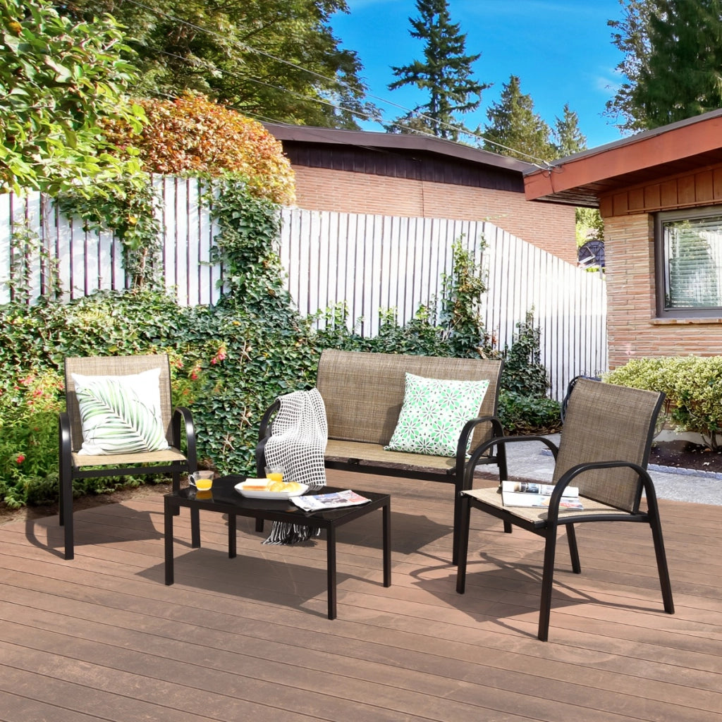 Set mobili da giardino con 4 pezzi per chiacchierare, Sedie da cortile in ferro e tessuto a rete con tavolino in vetro Marrrone-Set mobili da esterno