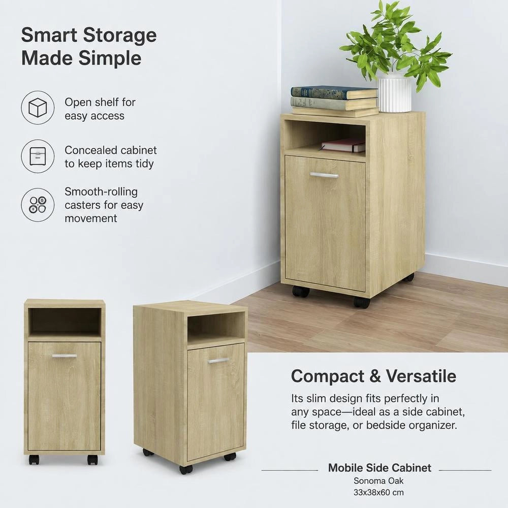 Side Cabinet With Wheels, Sonoma Oak, 33x38x60 Cm
