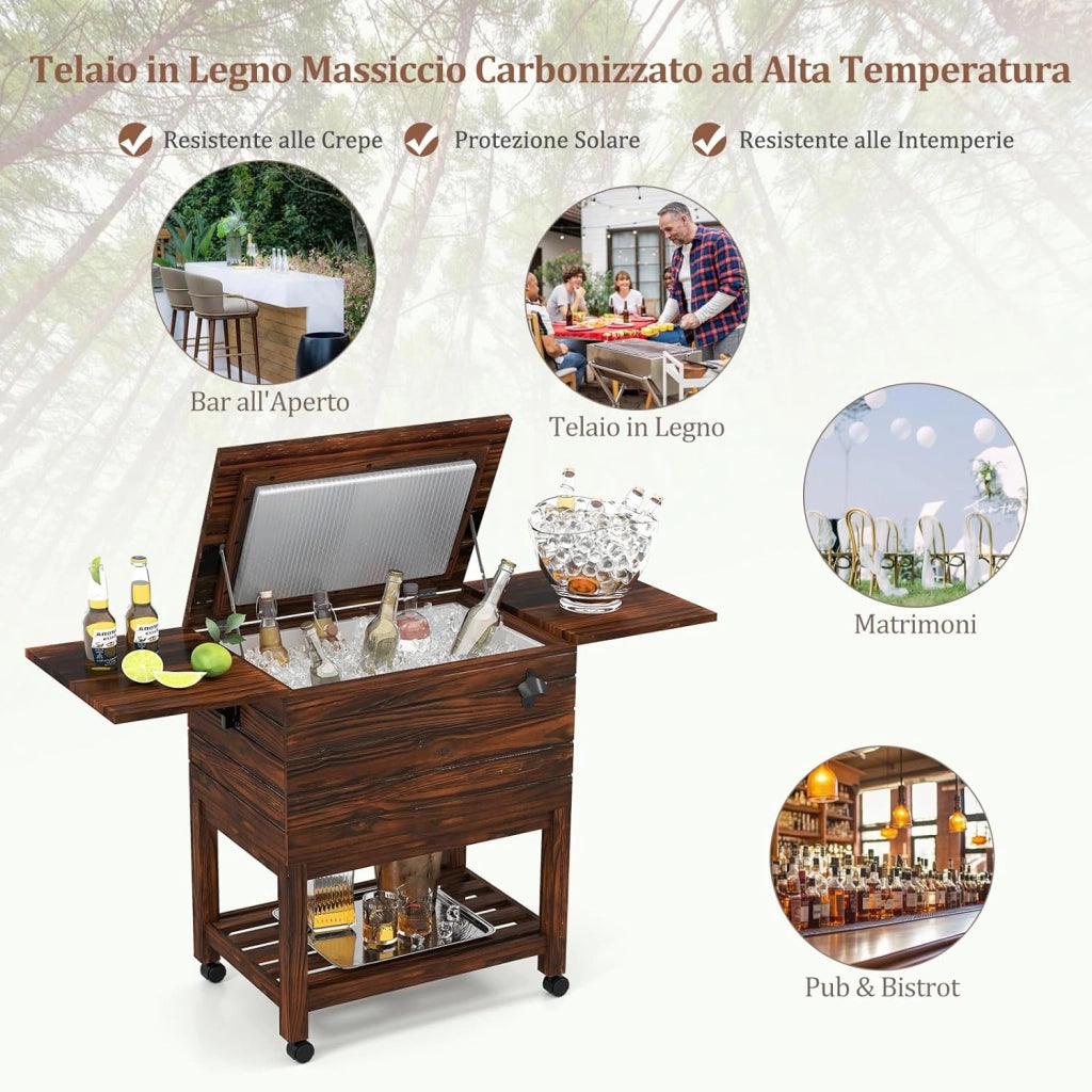 Carrello Porta Ghiaccio in Legno, Carrello Refrigerante per Bevande da 51 L con Ripiani, Ruote Universali Bloccabili e Apribottiglie, Frigorifero Portavivande per Feste, Piscina e Terrazza