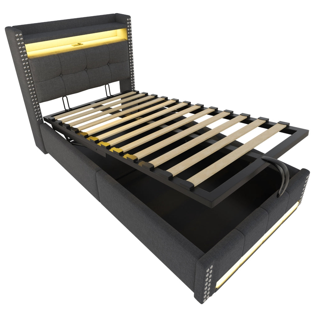 Letto imbottito 90x200 cm con LED; USB e contenitore