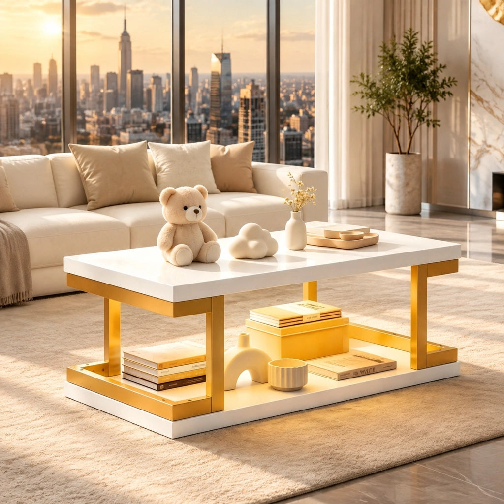 Tavolino da caffè LED bianco e oro 100x50x37,5 cm in MDF e metallo