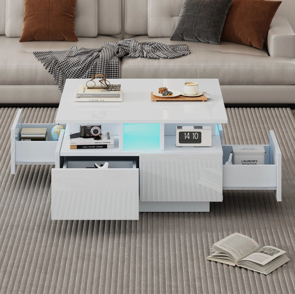 Tavolino da caff猫 70x70x40 cm; 4 cassetti con LED controllato da app; pannello truciolare bianco