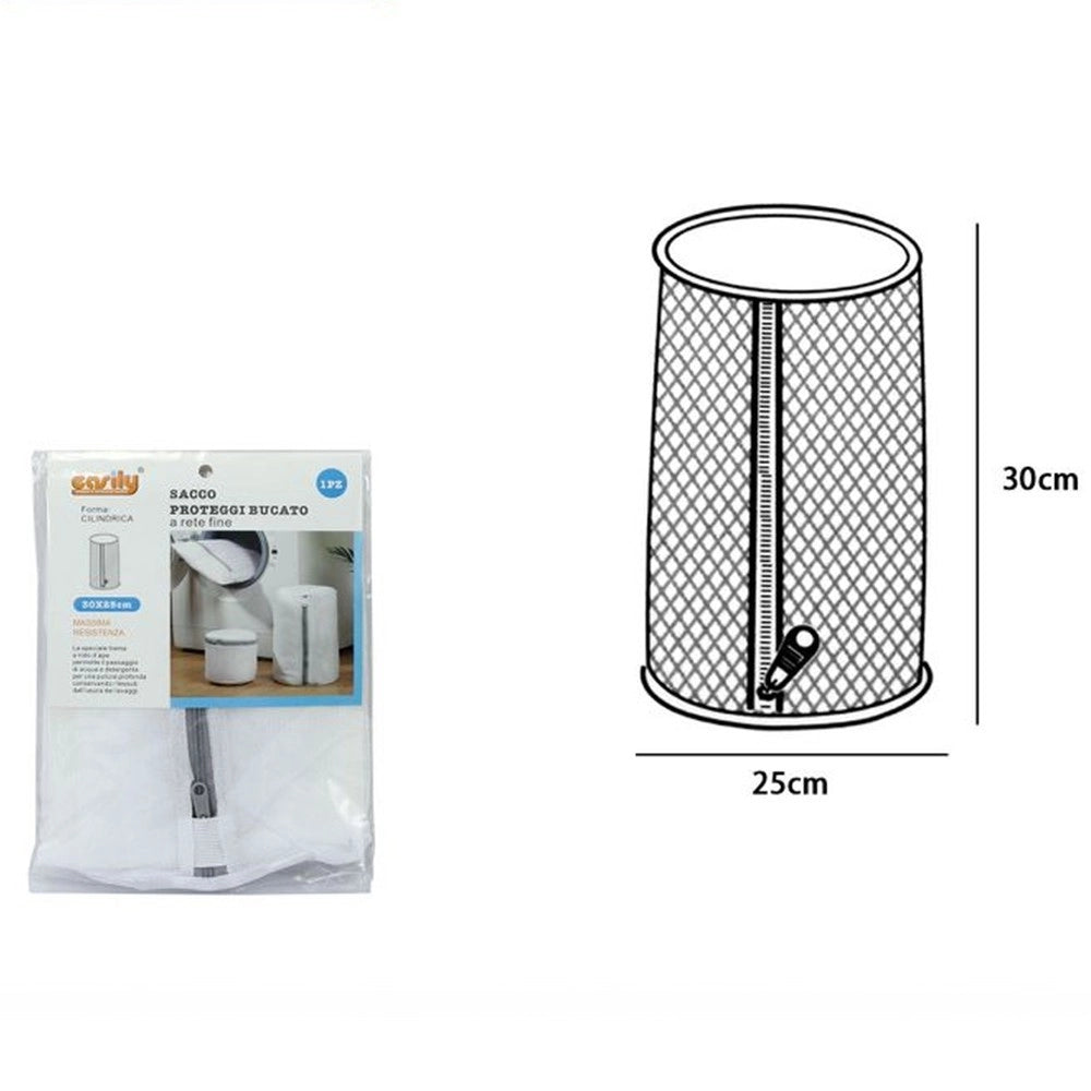 Trade Shop - Sacco A Rete Fine Forma Cilindrica Lavatrice Proteggi Bucato Con Zip 30x25cm 59992 -