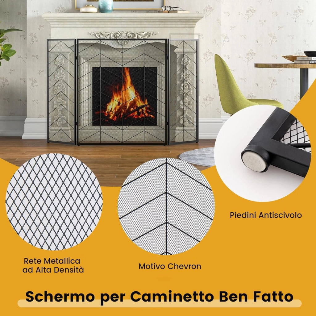 Parascintille per Camino 132 x 79 cm, Paraschizzi Camino Pieghevole a 3 Pannelli con Motivo Bello, Barriera Protettiva Robusta in Metallo per Camino (Stile 2)