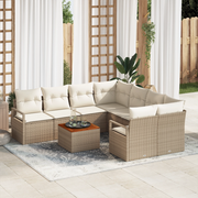 Set Divano da Giardino  9 Pezzi con Cuscini Beige Polyrattan Acacia
