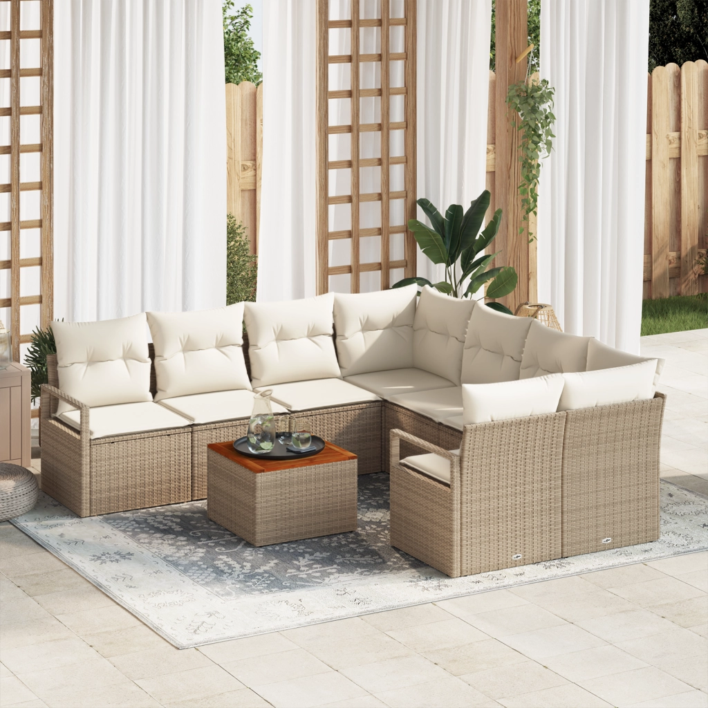 Set Divano da Giardino  9 Pezzi con Cuscini Beige Polyrattan Acacia