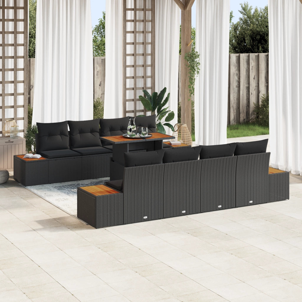 Set Divani da Giardino  9 Pezzi con Cuscini Nero Poly Rattan