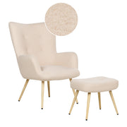 Poltrona rivestita in tessuto beige con poggiapiedi in stile retrò