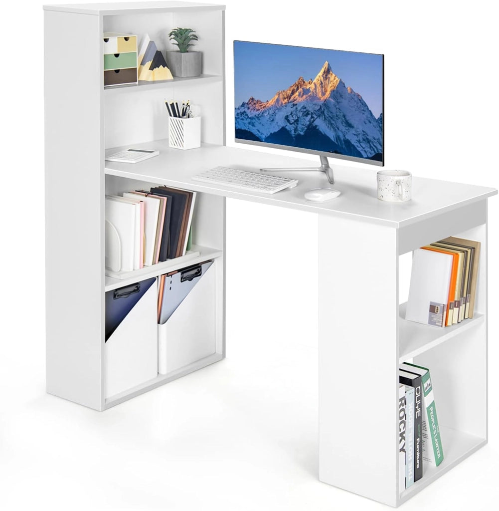 Scrivania per Computer con Libreria, Scrivania Salvaspazio Moderna con 6 Ripiani e Base Ampia, Scrivania Porta PC Moderna per Casa e Ufficio, 122 cm x 51 cm x 122 cm (Bianco)
