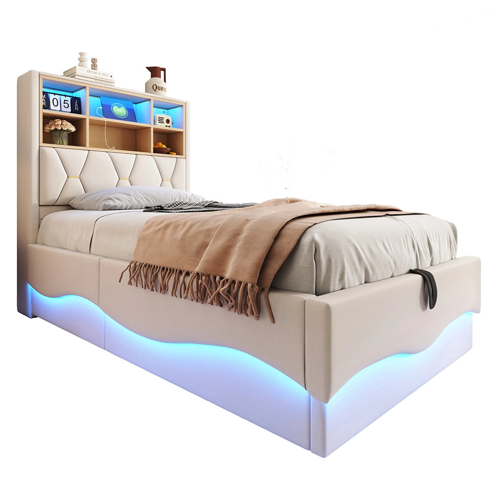 Letto bambino-Xylo-90x200 cm-LED app, USB, metallo, lino beige