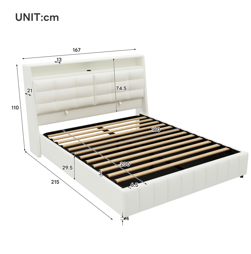 Letto piattaforma matrimoniale 160x200 cm con LED; USB; contenitore e testiera regolabile; bianco