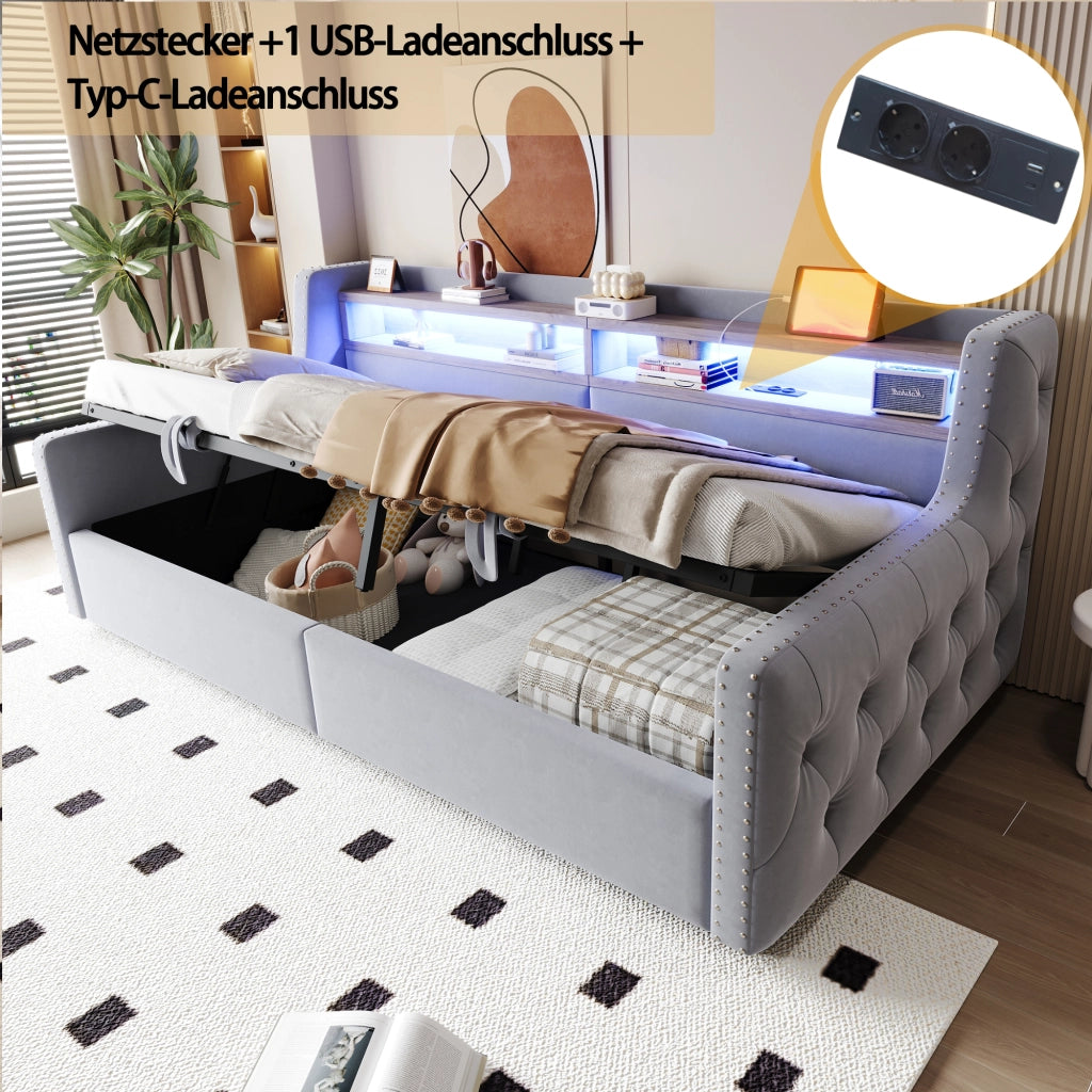 DESMIU Letto divano 90 × 200 cm 1 piazza con contenitore idraulico, LED, USB e Type-C, senza materasso, velluto grigio