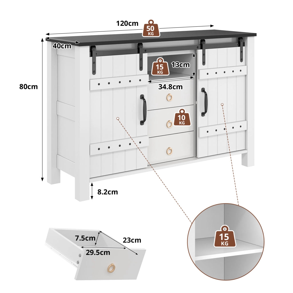 Credenza Sideboard da 120 cm con 2 porte scorrevoli e 3 cassetti, bianca, in MDF, stile rustico moderno