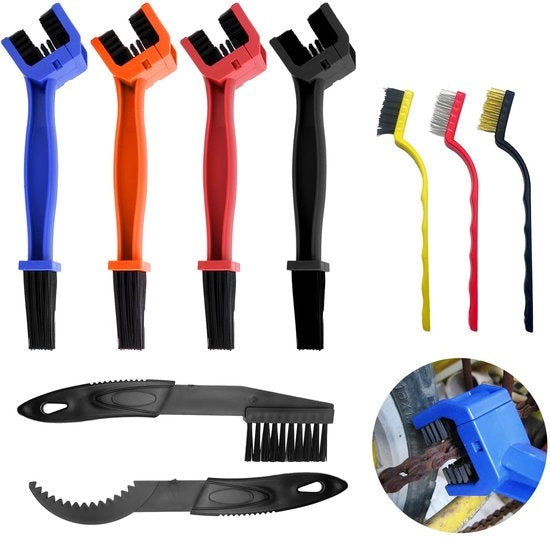 Set di spazzole per catena da 9 pezzi, kit per pulitore di catena motocicletta, spazzola per catena, strumento di pulizia per catena per bicicletta, strumento di pulizia per ingranaggi di cambio
