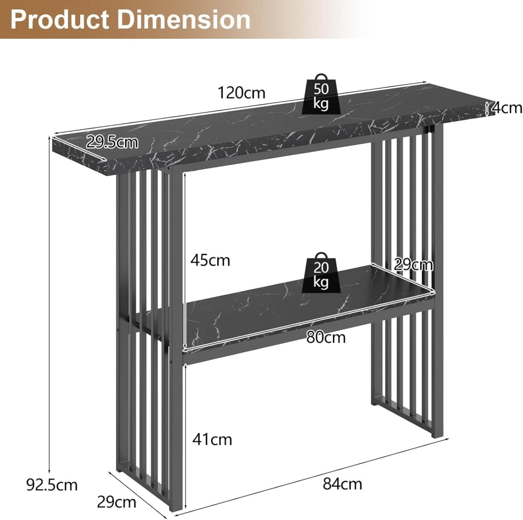 Tavolo Console da ingresso, 120 x 29,5 x 92,5 cm, piano in finto marmo e telaio in metallo, tavolino ausiliario con 2 ripiani, risparmio di spazio, tavolo da soggiorno, corridoio (nero)
