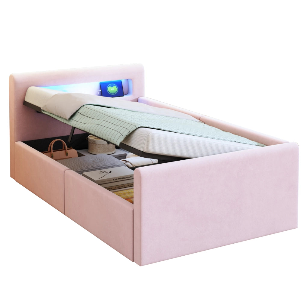 Letto 90x200 cm - Letto imbottito,Con luce notturna,Porta di ricarica USB,Con vani portaoggetti,Velluto,Funzione di accumulo idraulico,Rosa