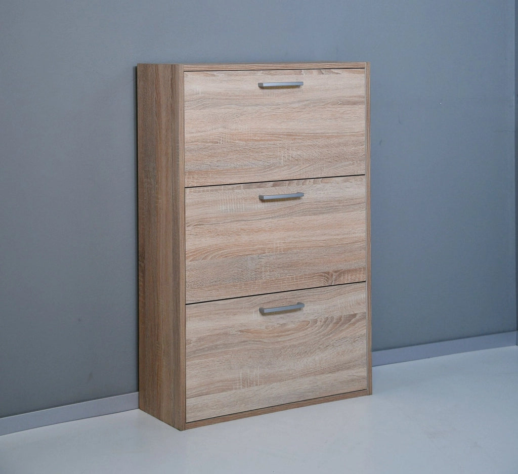 Scarpiera Salvaspazio 3 Ante Doppia Profondità 18 Paia 65x25x99,6 cm in Truciolare Nobilitato Rovere Sonoma