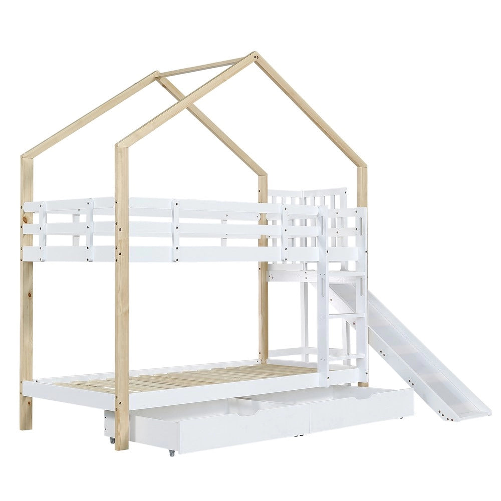 Letto a Castello con Scivolo e 2 Cassetti ¨C MINIMAL ¨C Legno Massello Bianco/Naturale 90x200