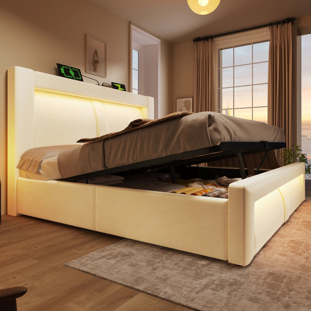 Letti contenitori 160x200 cm con contenitore; LED e ricarica USB; velluto beige (Senza materasso)