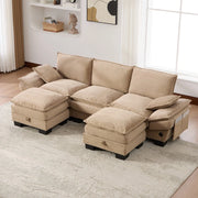 Divano 3 Posti con 2 Poggiapiedi ¨C Xylo ¨C Tessuto Cordato, Cuscini, Beige