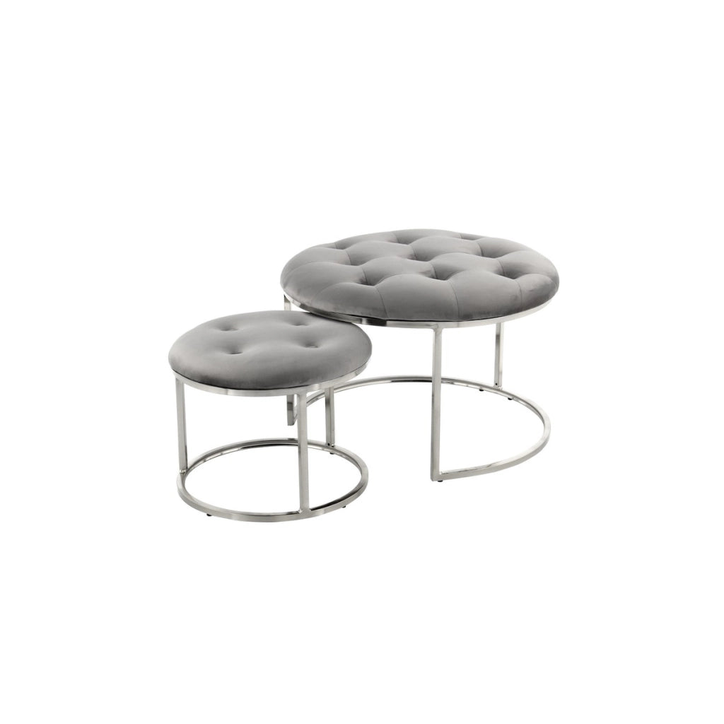 Set di 2 Pouf Becky in Velluto Grigio e Argento