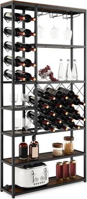 Portabottiglie da Terra, Cantinetta Portabottiglie Vino con Telaio in Metallo e 6 Ripiani, per 27 Bottiglie di Vino e 12 Bicchieri, per Cucina, Sala da Pranzo, 81 x 23 x 166 cm