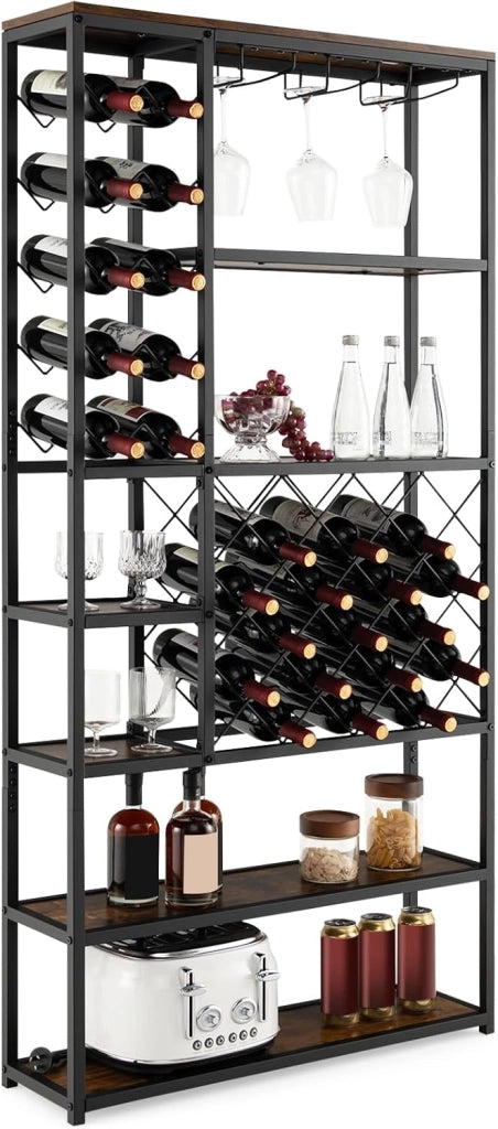 Portabottiglie da Terra, Cantinetta Portabottiglie Vino con Telaio in Metallo e 6 Ripiani, per 27 Bottiglie di Vino e 12 Bicchieri, per Cucina, Sala da Pranzo, 81 x 23 x 166 cm
