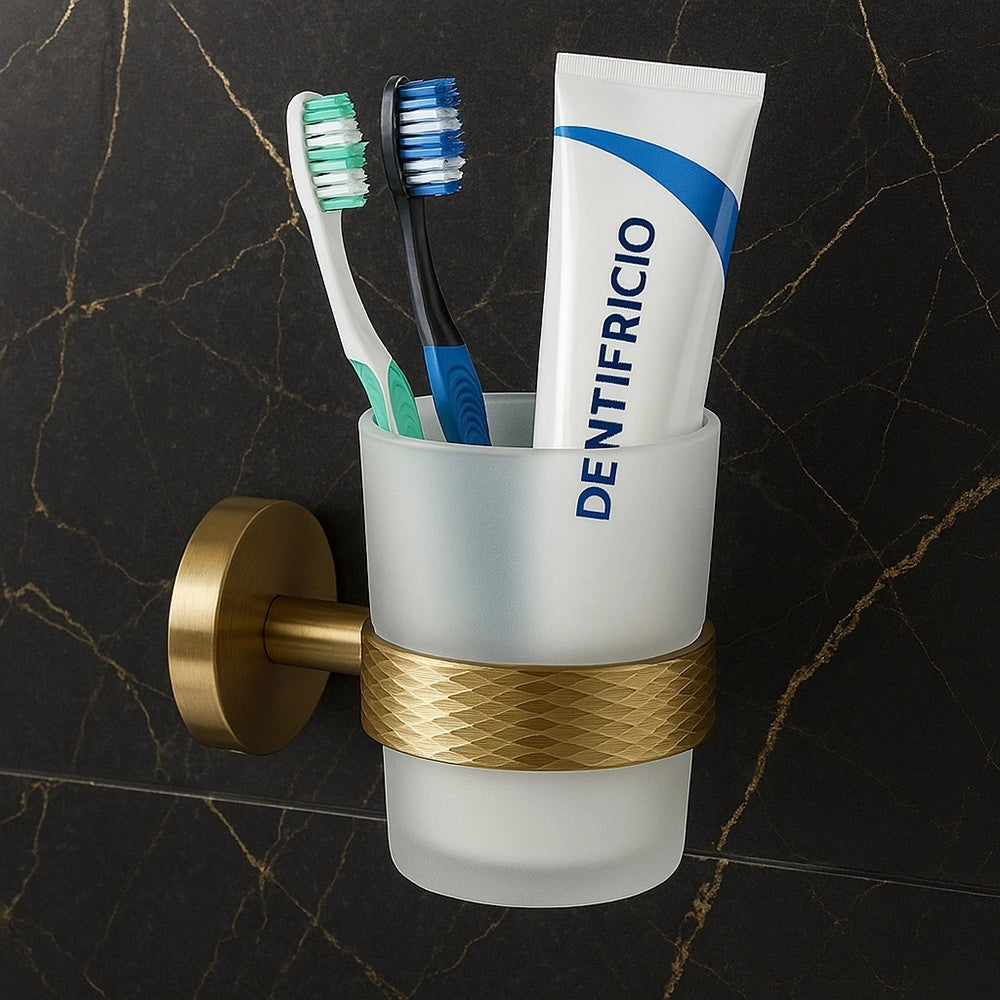 Trade Shop - Porta Spazzolini Da Denti In Acciaio Oro Con Bicchiere Vetro Satinato Bagno 87928 -
