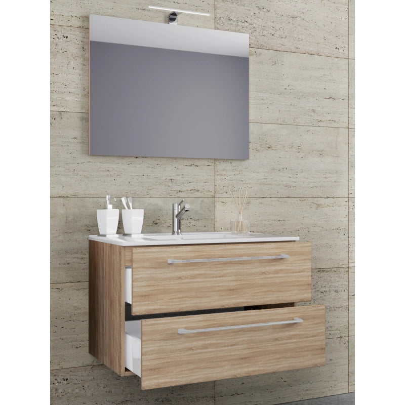 Completo di Ezooza Mobile Sospeso con 2 cassetti Extra Large con lavabo in ceramica di alta qualità e specchio, Rovere Sonoma ,