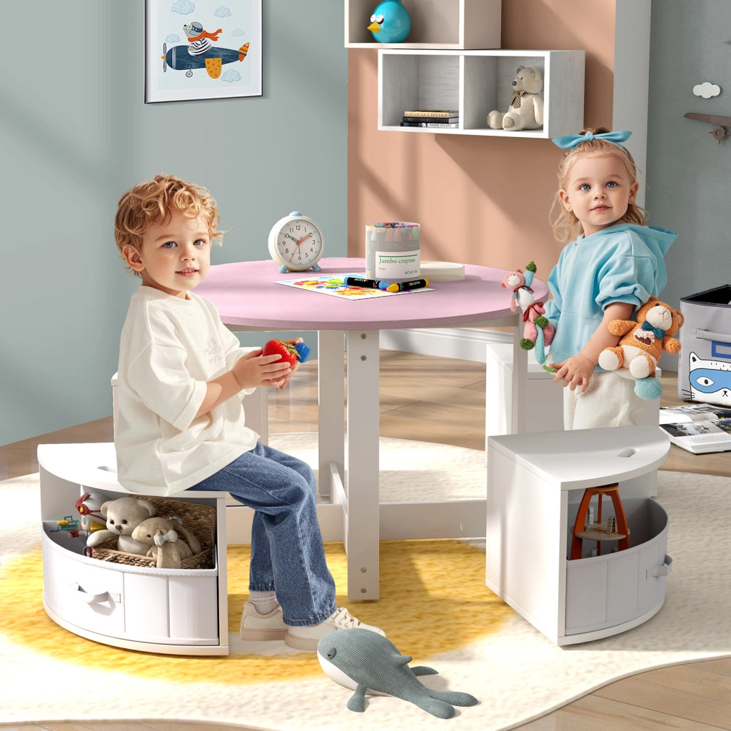 Set tavolo e sedie per bambini a 5 pezzi, Tavolo rotondo con 4 sgabelli e ripiano e 4 cassetti in tessuto Rosa e bianco