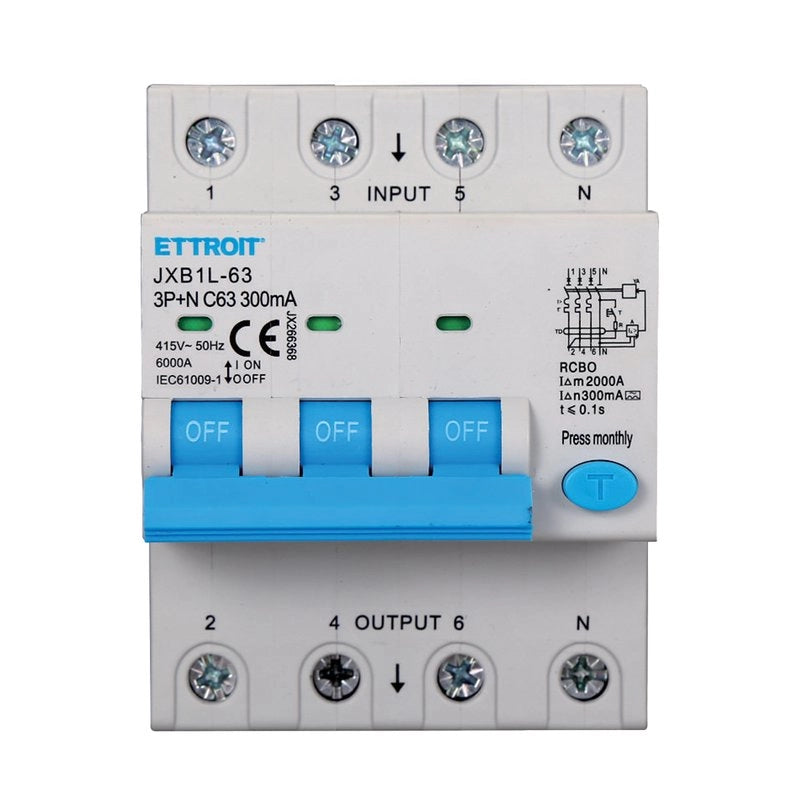 RCBO Interruttore Magnetotermico Differenziale Tipo A Curva C 3P+N 4M 6000A 300mA C63A AC 400V IP20 IEC61009-1