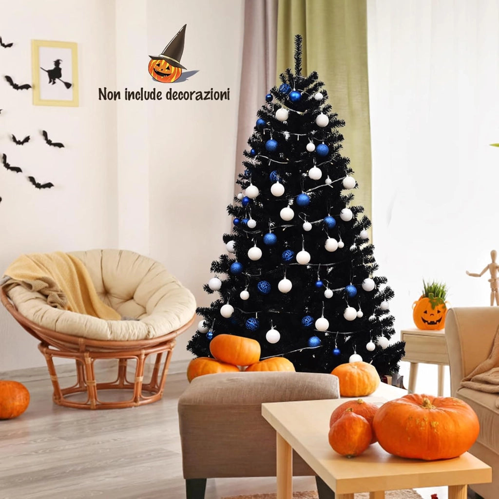 Albero di Natale Nero 180/225 cm, Albero di Natale Artificiale con 1036/1258 Rami Folti e Base di Metallo con Cuscinetti Antiscivolo, Ideale per Halloween e Natale (180x Ø112cm)