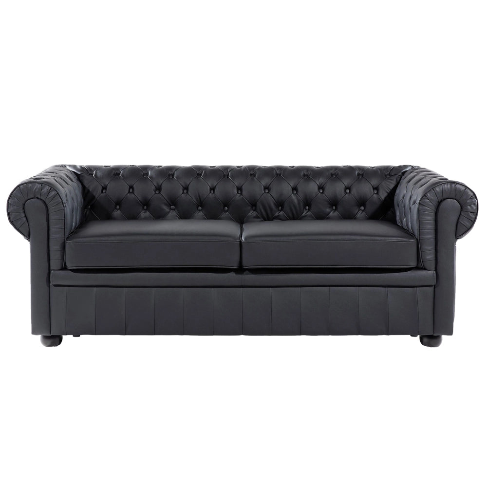 Set soggiorno Chesterfield Rivestimento in pelle nera Gambe in legno scuro Divano a 3 posti + poltrona contemporanea