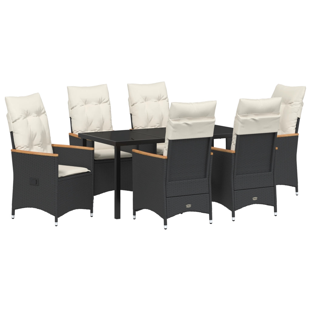 Set da Pranzo da Giardino 7 Pezzi con Cuscini in Polyrattan Nero
